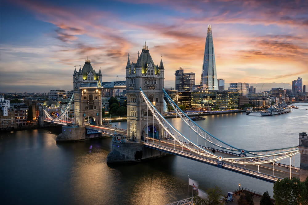 A view over Tower Bridge at sunset
