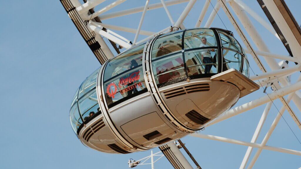 Emirates Cable Car pod with tourists inside looking at the London view