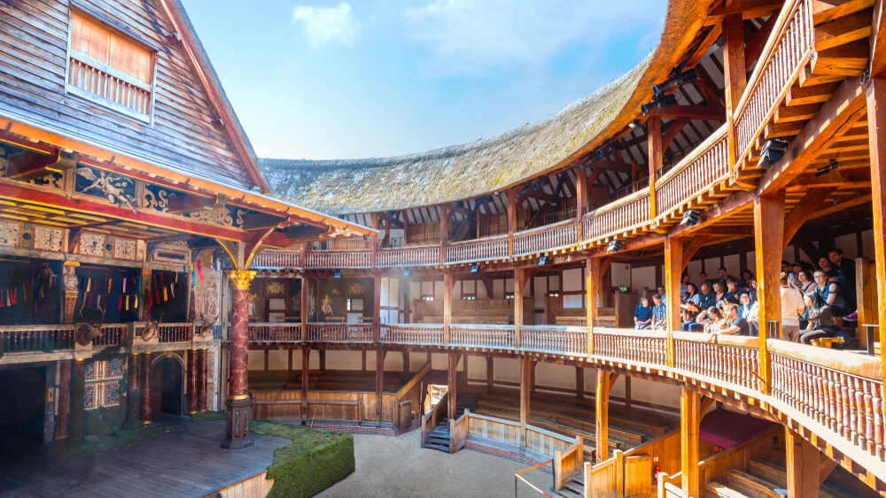 A view of the Shakespeare’s Globe Theatre from the inside with the spectators
