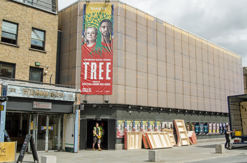 The Young Vic Theatre facade with a poster of the next show