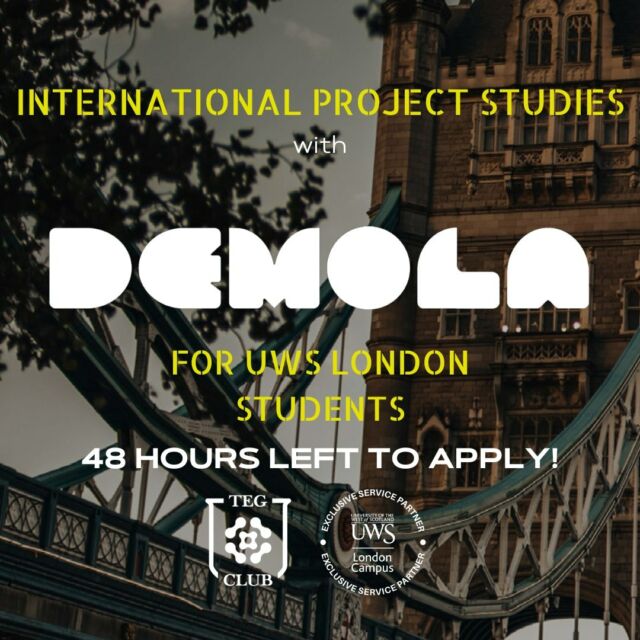 Attention January and May 2023 UWS London Students! 📣 

This is your last chance to apply for the Demola International Project Studies! 

With only 48 hours left, don’t miss out on an incredible opportunity to boost your career! 💼 

Head to your email inbox for the link to apply. 📩 

Good luck! 🍀