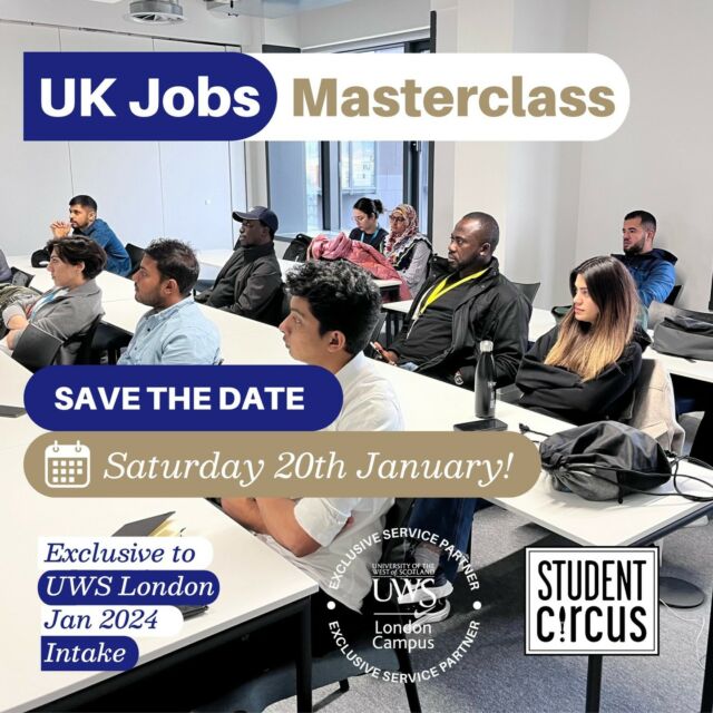 📣 Attention all January 2024 intakes at UWS London! 📣 Don’t miss out on the last chance to sign up for our FREE Online UK Job Search Masterclass happening tomorrow, in partnership with @studentcircusuk

This is your ultimate opportunity to:

✅ Learn all about the UK job market
✅ Develop in-demand skills UK employers are looking for
✅ Grow your network and build professional connections
✅ Access internships, part-time roles, and volunteer positions

Hurry up and secure your spot via the link sent to your email! 📥